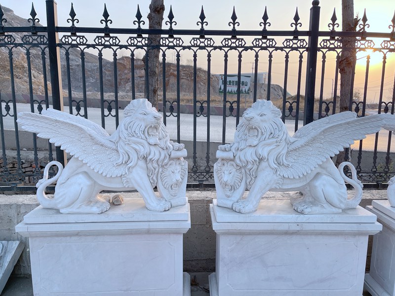 Winged Marble Lion Sculpture