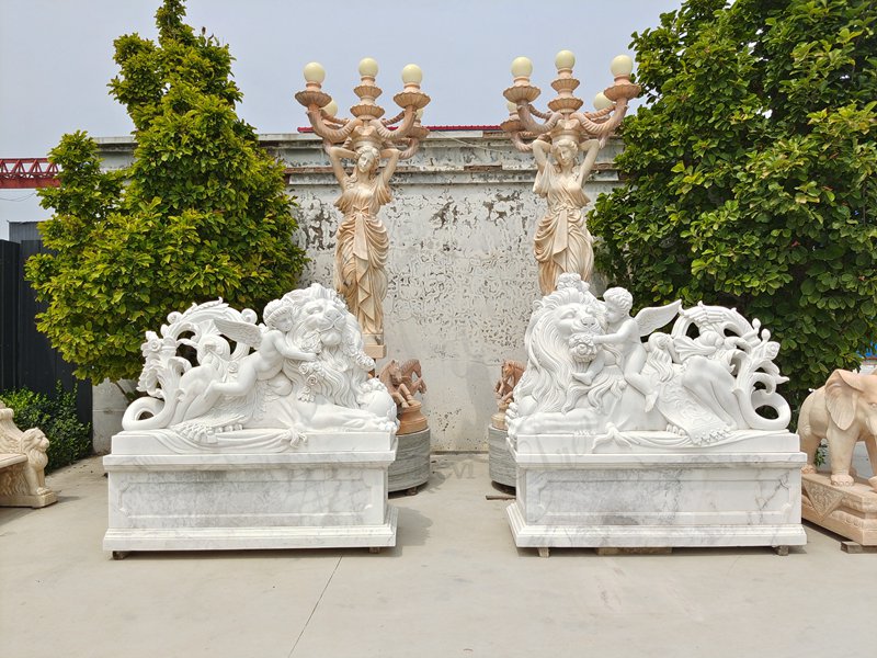 Marble Lion and Child Statue