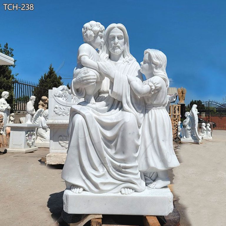Life-Size Marble Sitting Jesus Statue with Children Outdoor Decor