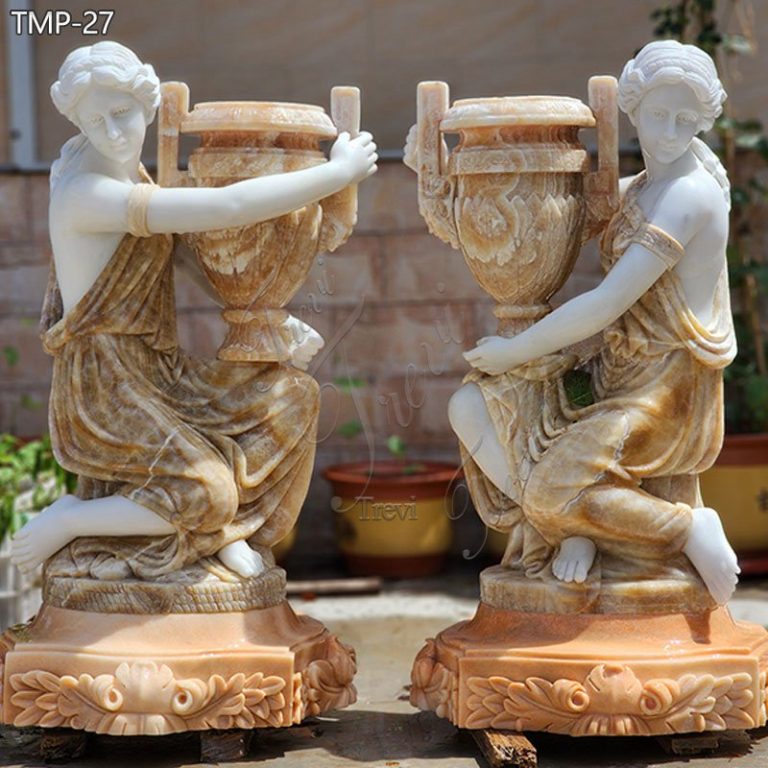 Hand-Carved Marble Flower Pot with Lady Statue for Sale