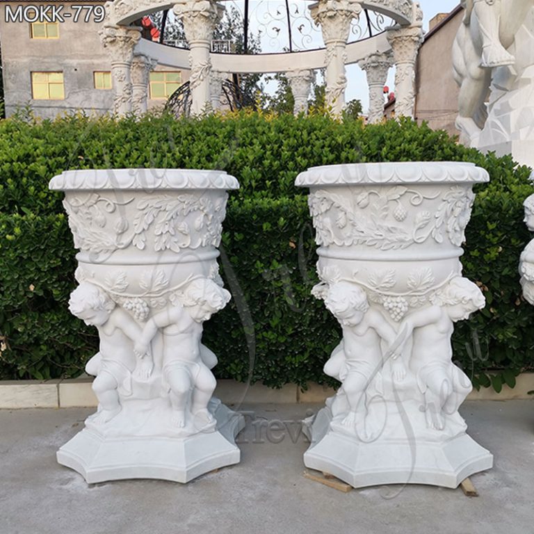 White Marble Plant Pot Large Size with Children Statue for Sale