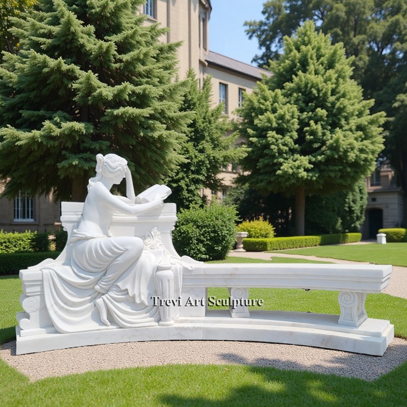 hand carving marble garden bench with lady statue