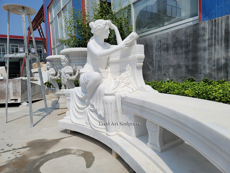 marble garden bench with lady statue for sale