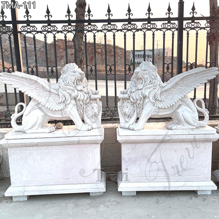 Life-Size Marble Winged Lion Statue with Shield for Front Porch TMA-111