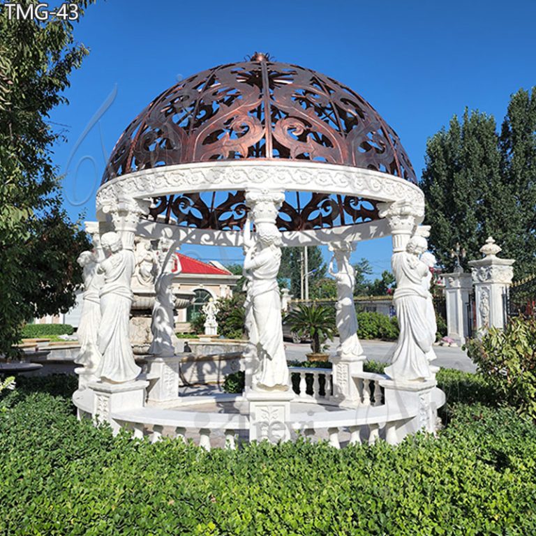 European Round White Marble Gazebo with Lady Statue for Sale TMG-43