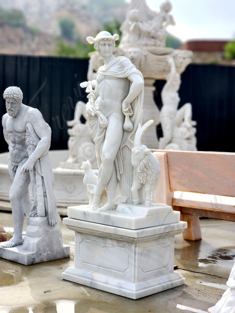 Life-Size Marble God Mercury Hermes Statue with Animal for Sale