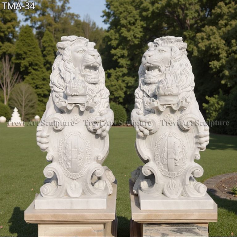 pair of white marble king lion statue