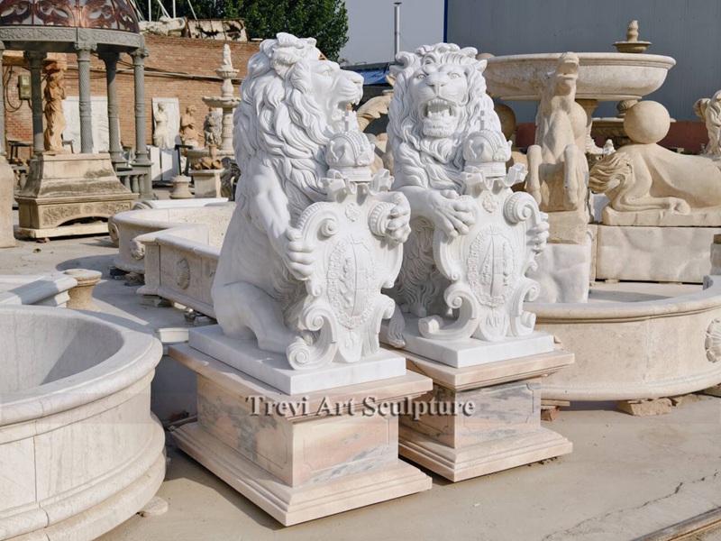 pair of white marble king lion statue with shield
