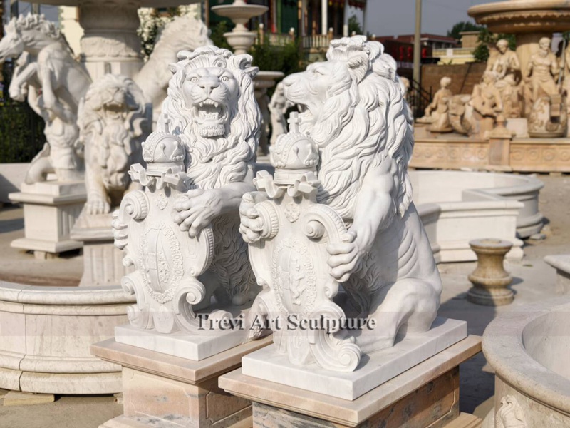white marble king lion statue with shield