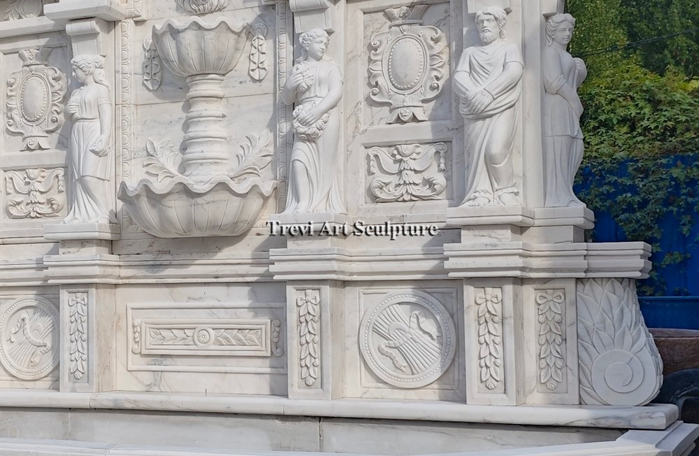 grand white marble architectural wall fountain details