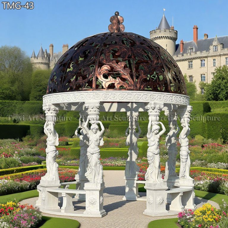 european round white marble gazebo with lady statue for sale
