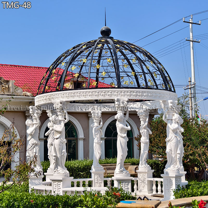 large stone pillar gazebo with lady statue column