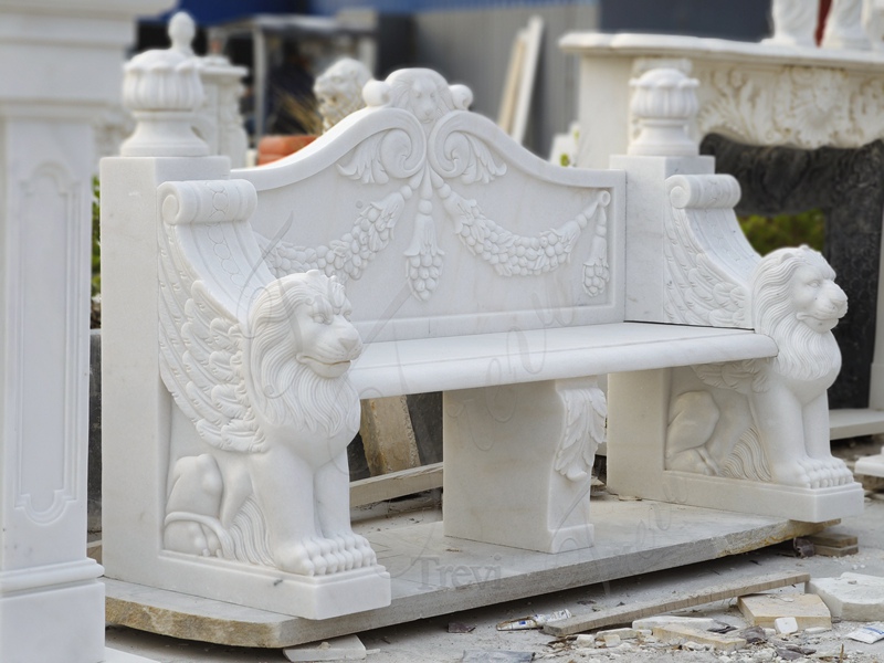 white marble bench with lion statue for garden