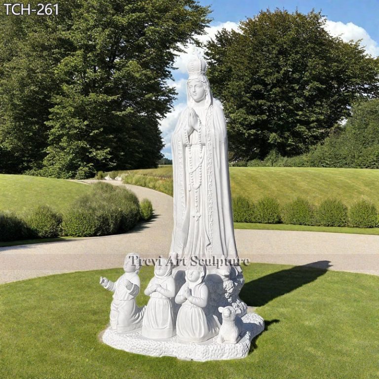 marble garden virgin fatima statue with children and lamb