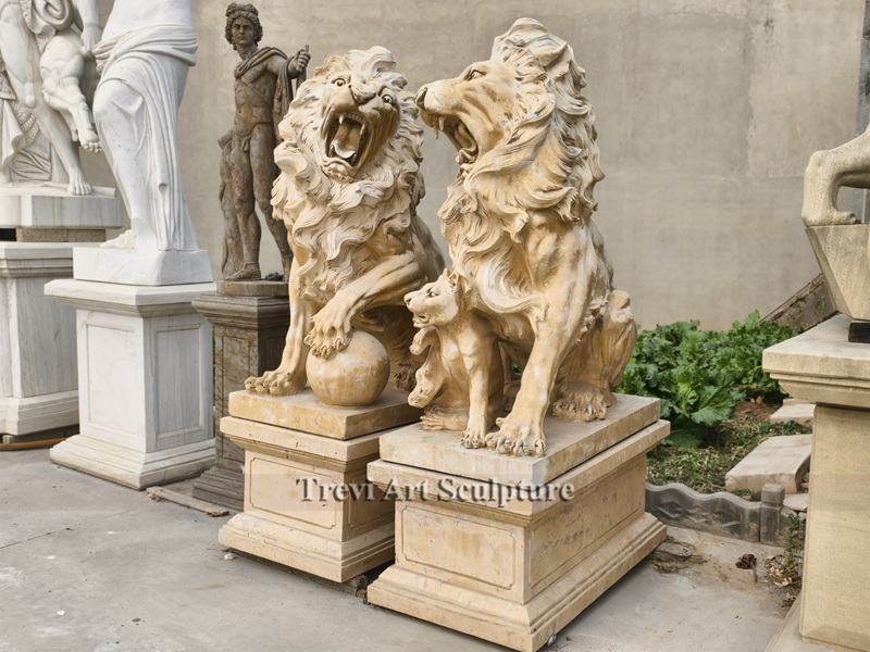 beige marble roaring lion statue