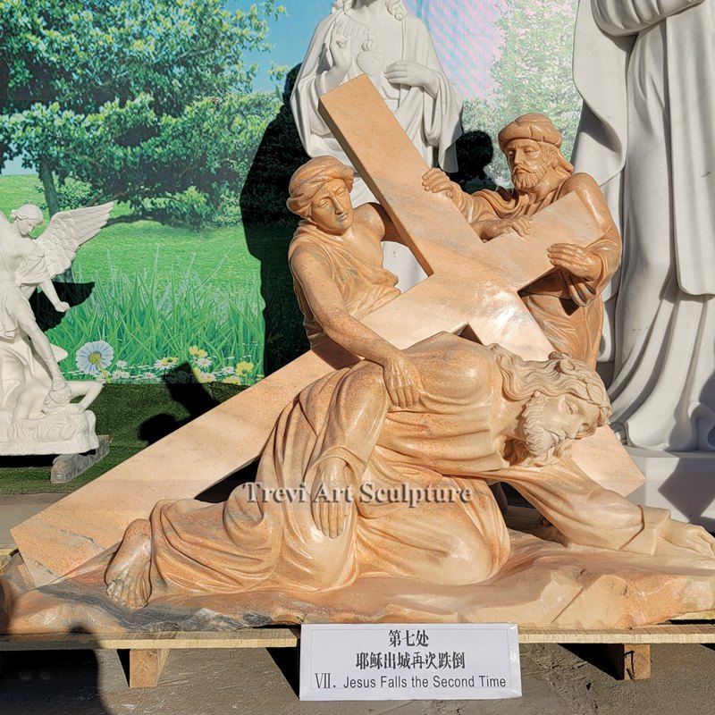 station vii jesus falls the second time red marble statue