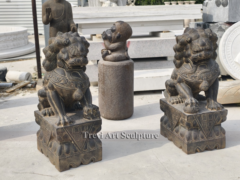 black stone foo dog statue for temple