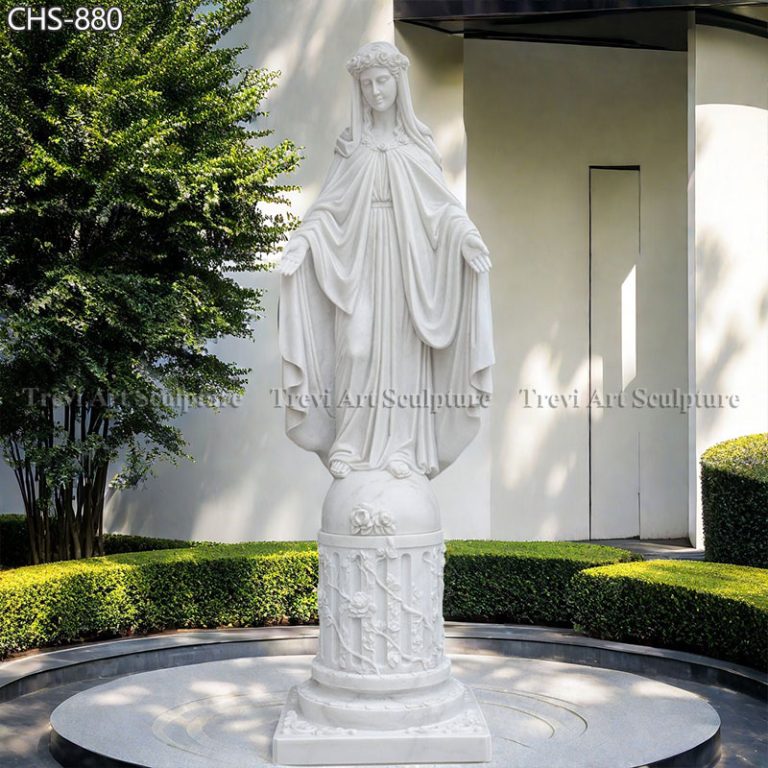 outdoor white marble virgin mary statue with open arms