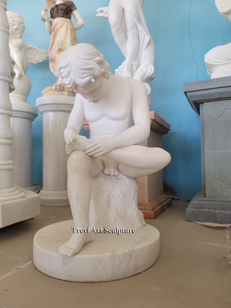 4 feet white marble boy with thorn statue for sale