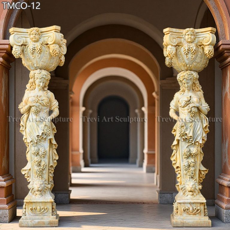 ornate marble caryatid sculpture adorned with grapevines