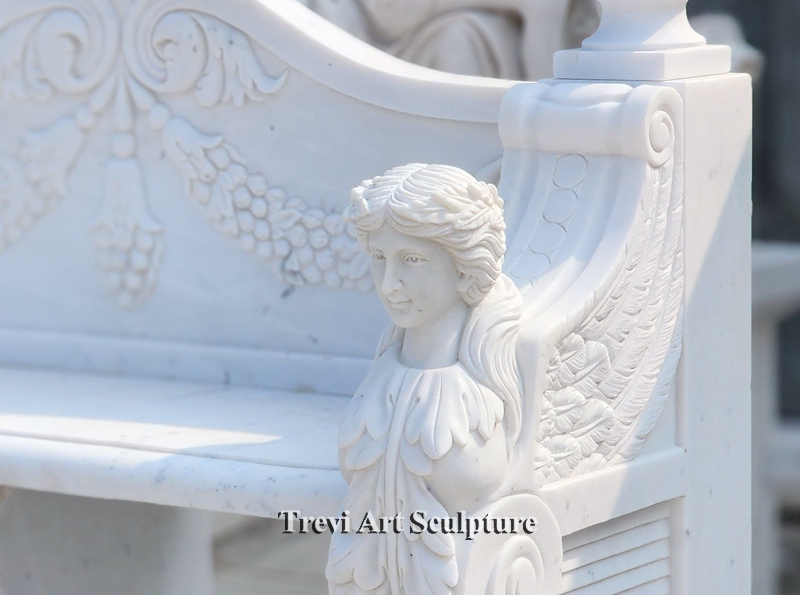 white marble garden bench details