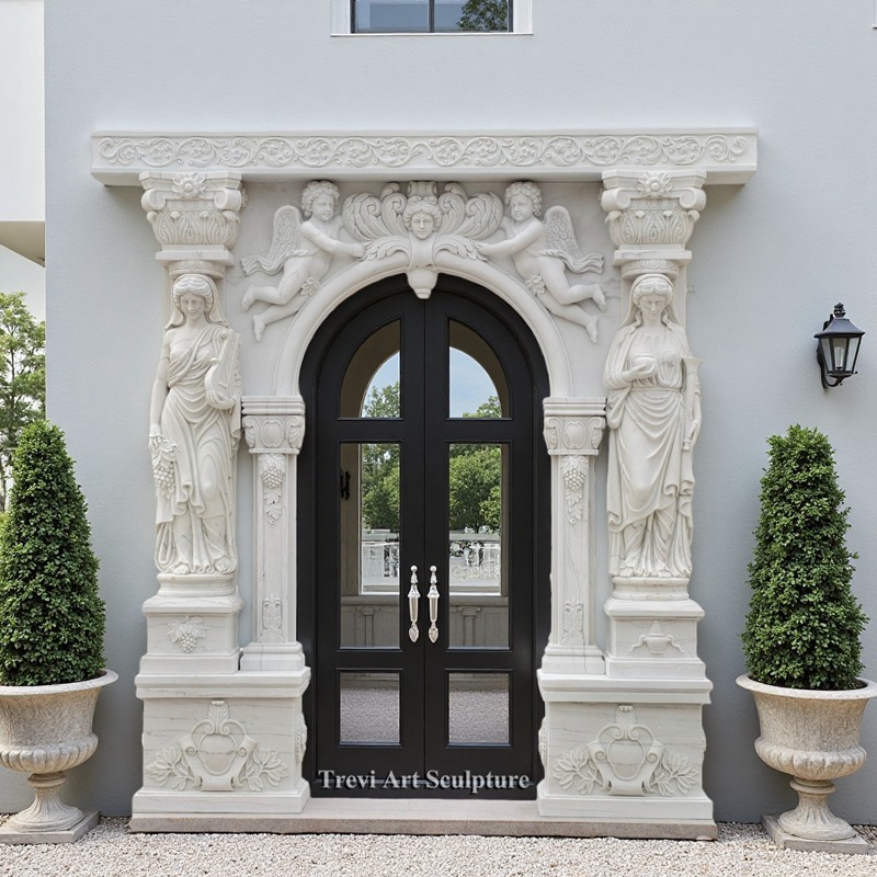 marble door frame with female and cherub relief