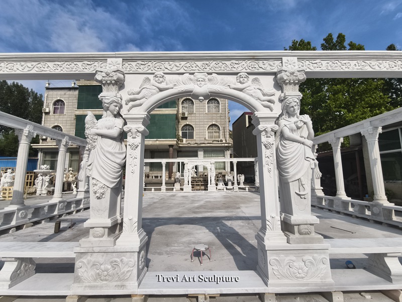 large white marble garden pergola with sculpted columns