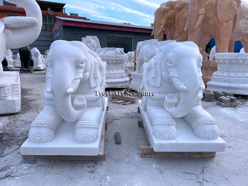 pair of sitting marble elephant statues for home decor