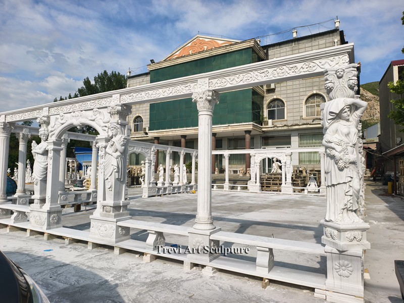 white marble garden pergola with sculpted columns for courtyard
