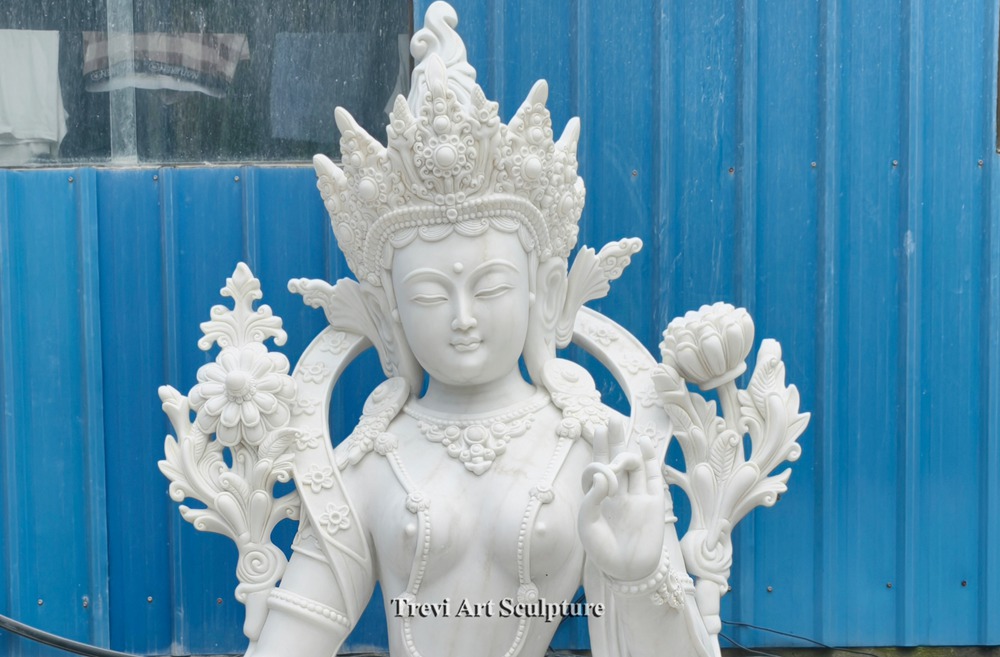 large white marble green tara buddhist sculpture details