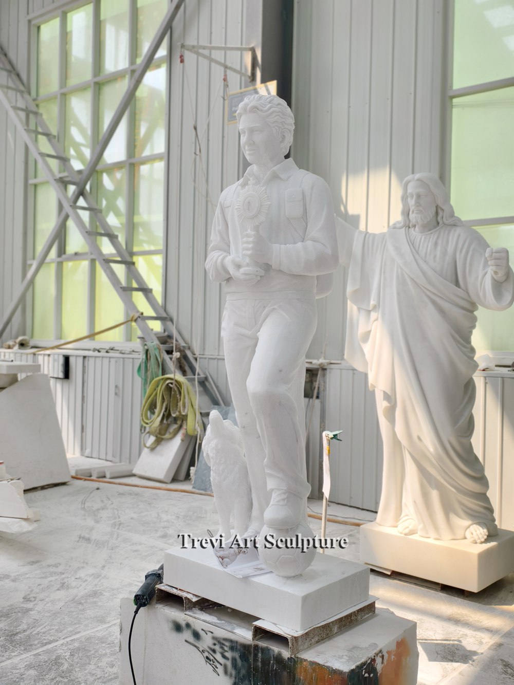marble blessed carlo acutis statue with dog
