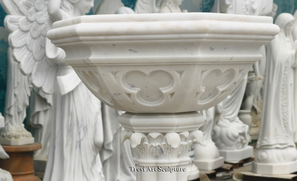 elegant white marble 6 sided baptismal font details