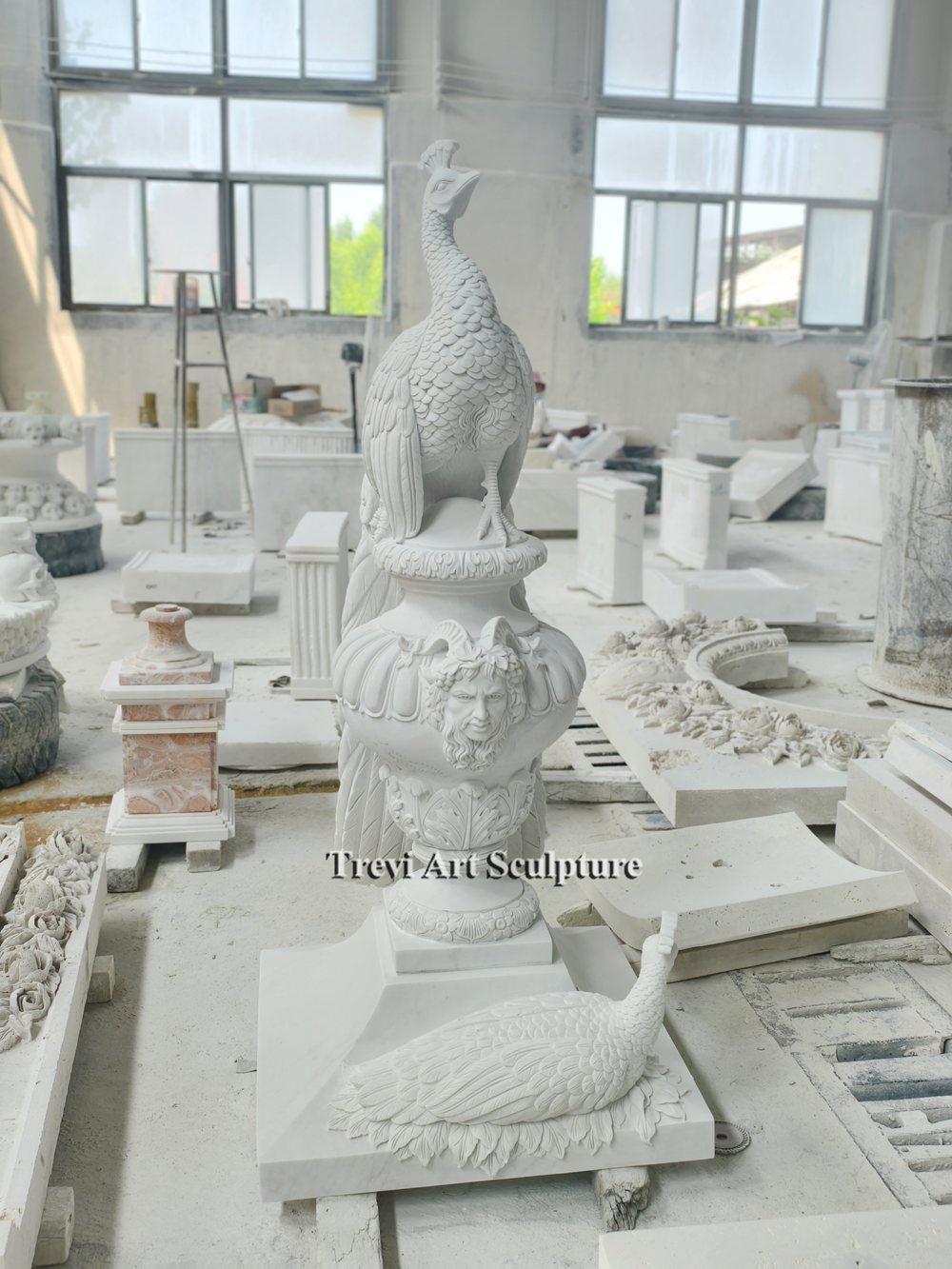 elegant white marble peacock garden sculpture