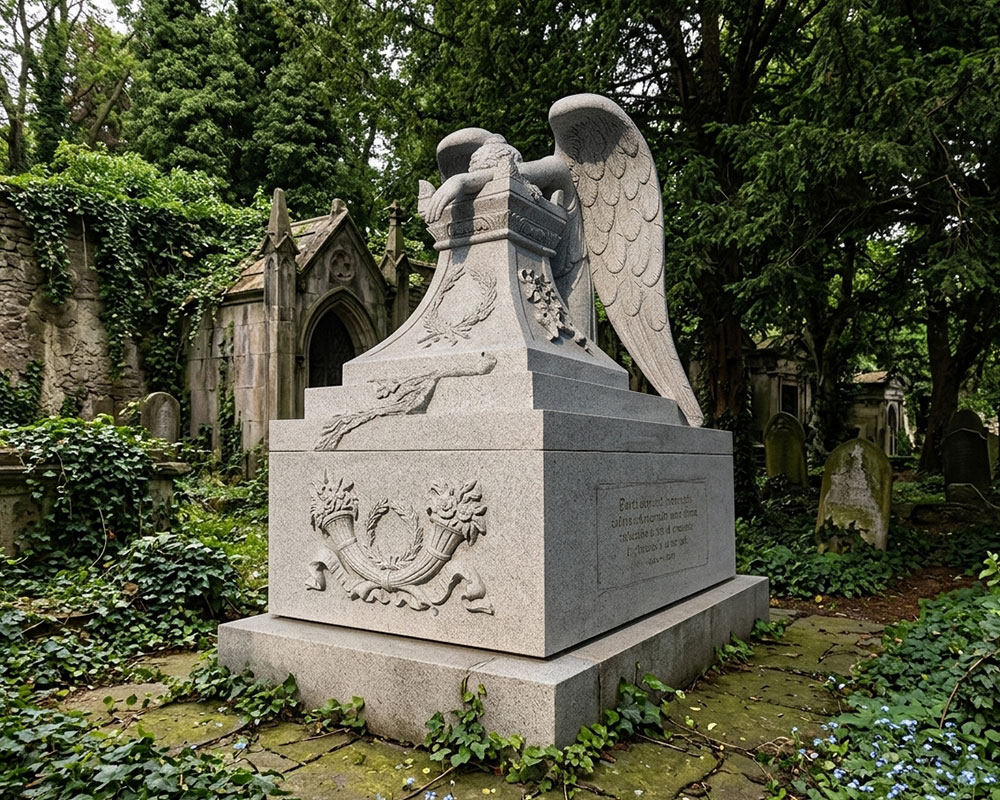 weeping angel stone memorial statue in a graveyard