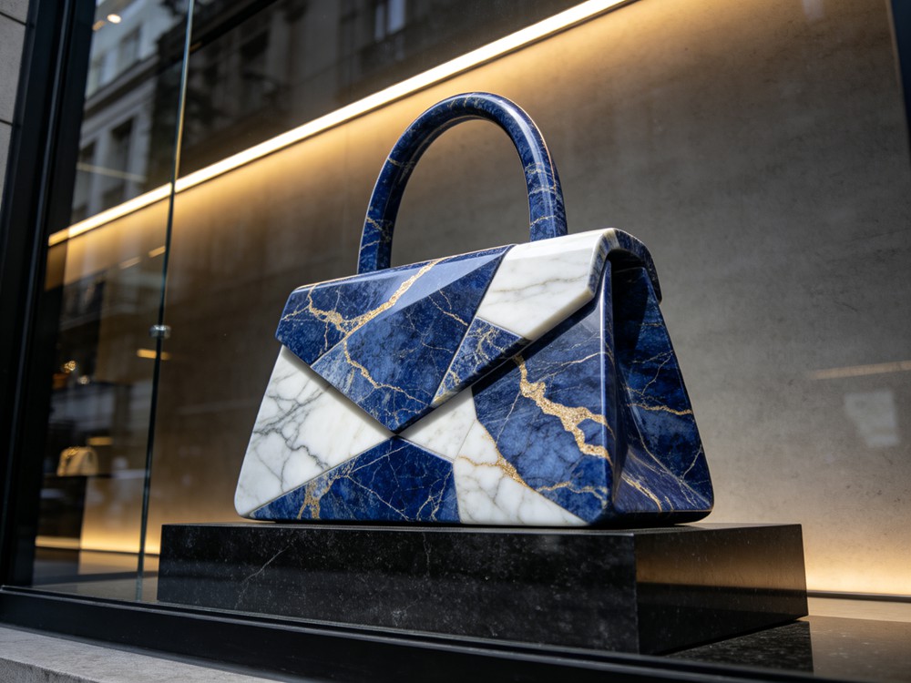 angular geometric blue sodalite & white marble handbag sculpture