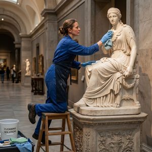 cleaning marble sculptures in the museum