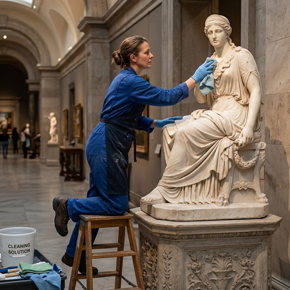 cleaning marble sculptures in the museum