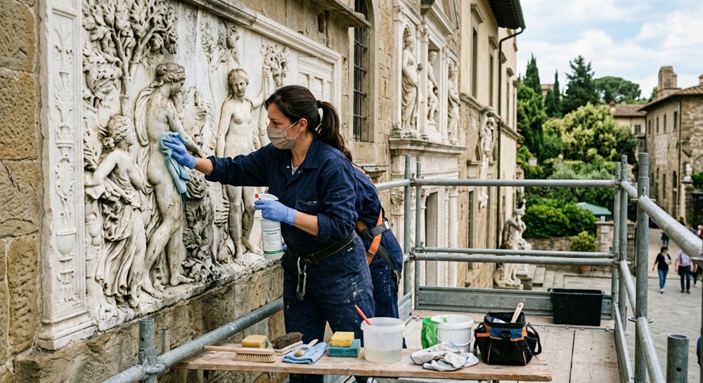 cleaning of outdoor marble reliefs