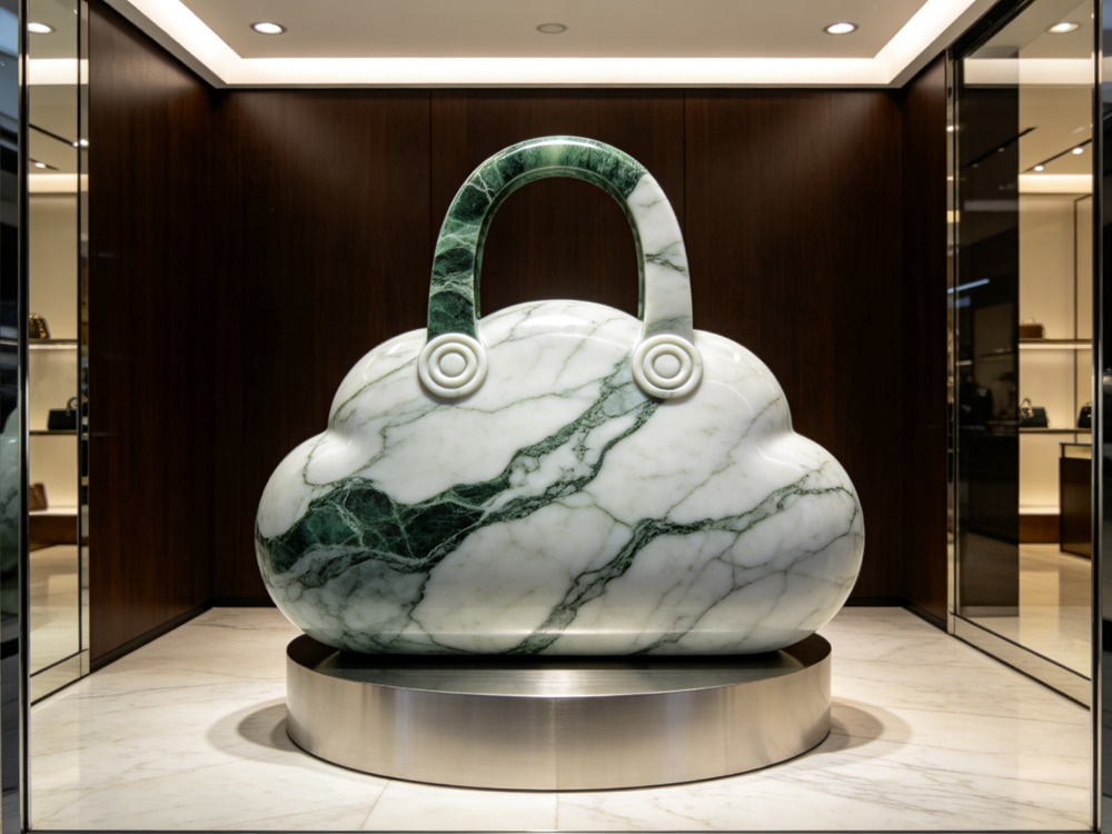 cloud shaped green veined white marble handbag sculpture