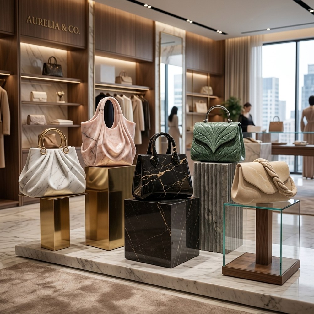 collection of multicolor marble designer handbag sculptures on gold & glass pedestals