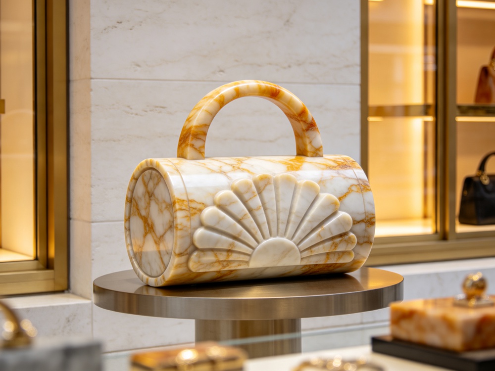 cylindrical golden veined white marble barrel bag sculpture with fan shell relief carving