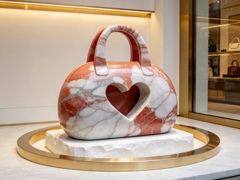 dome shaped rojo alicante red & white marble handbag sculpture with heart shaped cut out