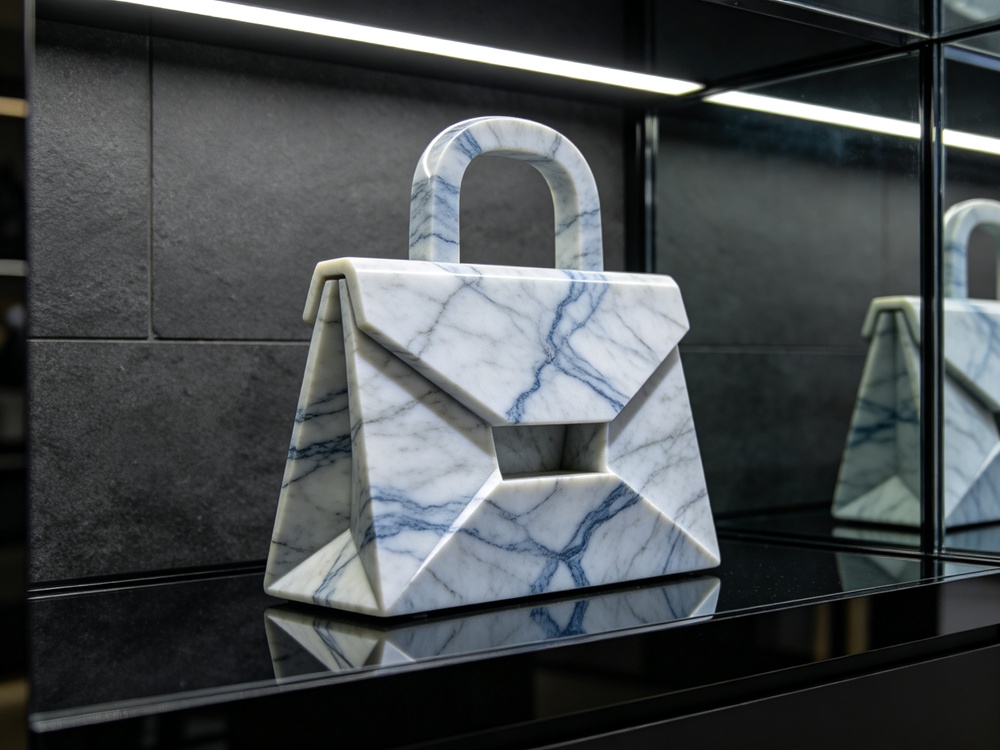 geometric angular blue veined white marble handbag sculpture