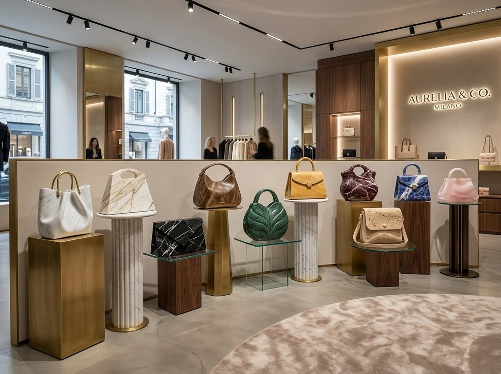 luxury boutique interior display of five marble handbag sculptures