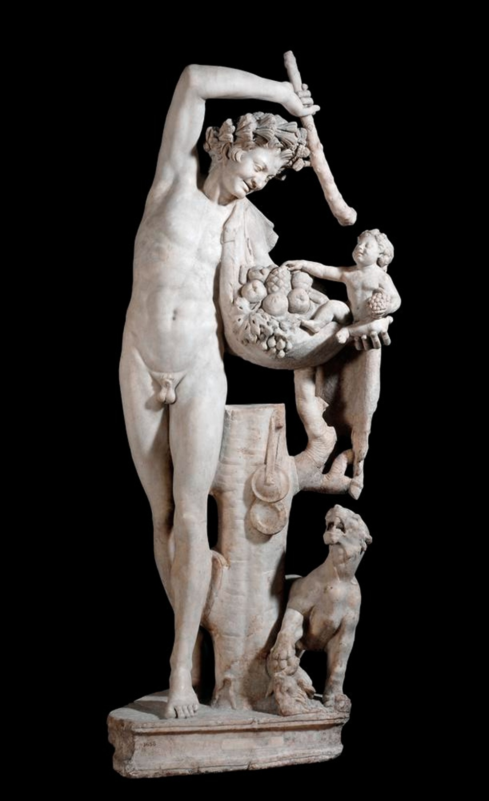 marble statue; satyr playing with infant bacchus, british museum