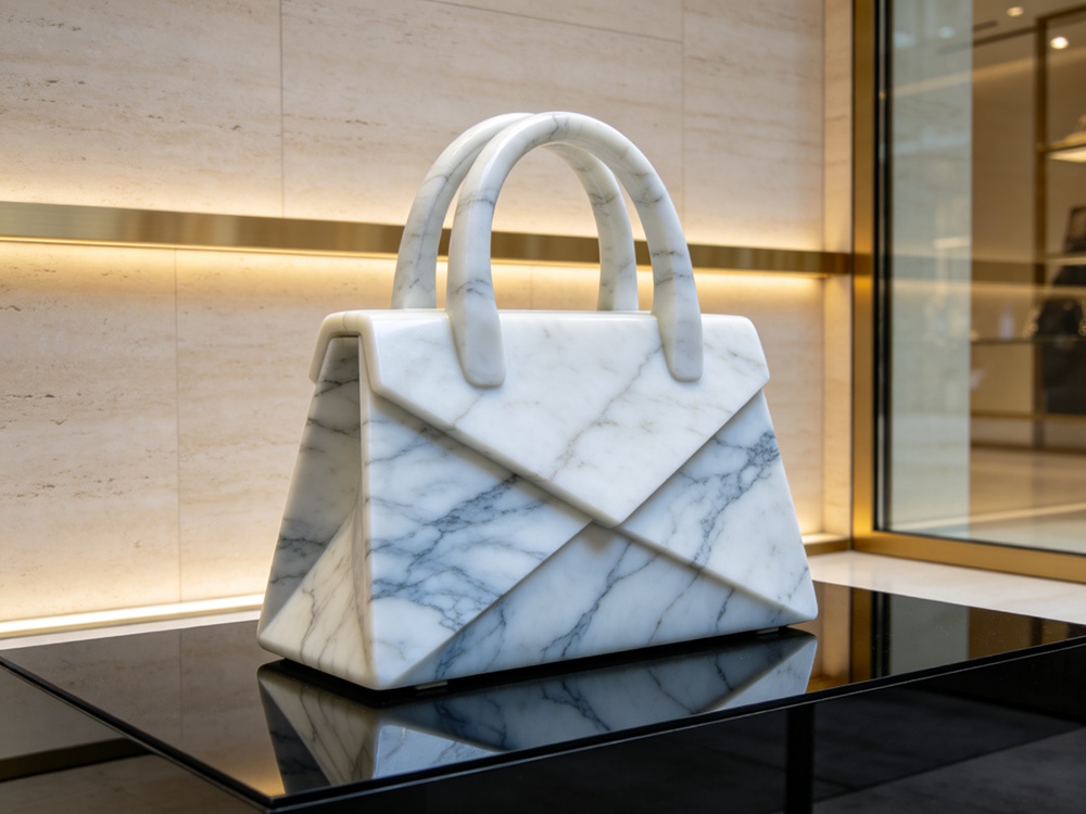 modern structured white grey veined marble handbag sculpture