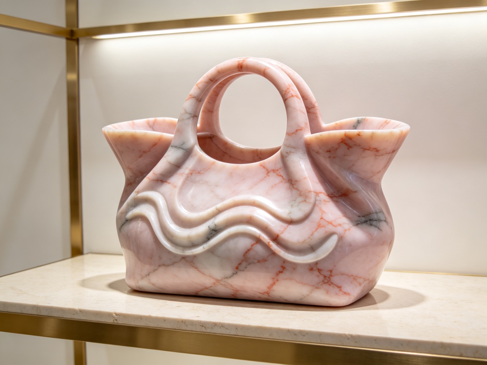 pink rose marble handbag sculpture with wave relief carving
