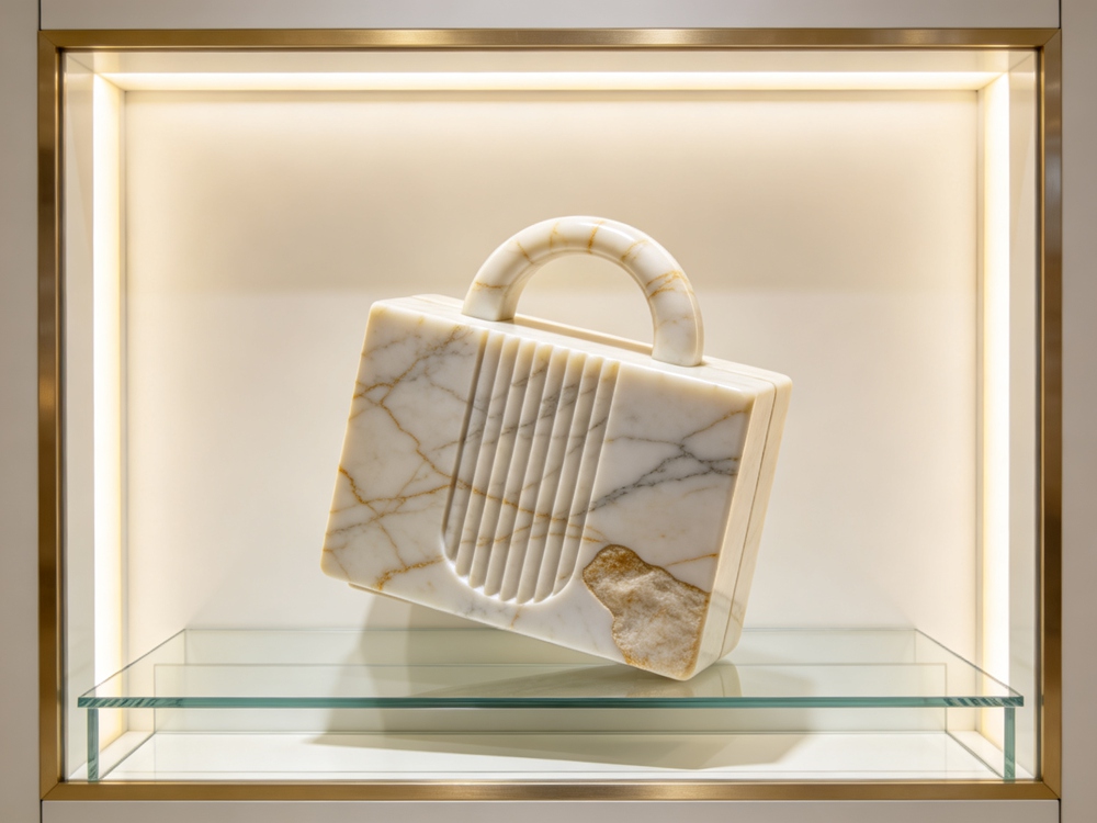 rectangular fluted white gold veined marble handbag sculpture