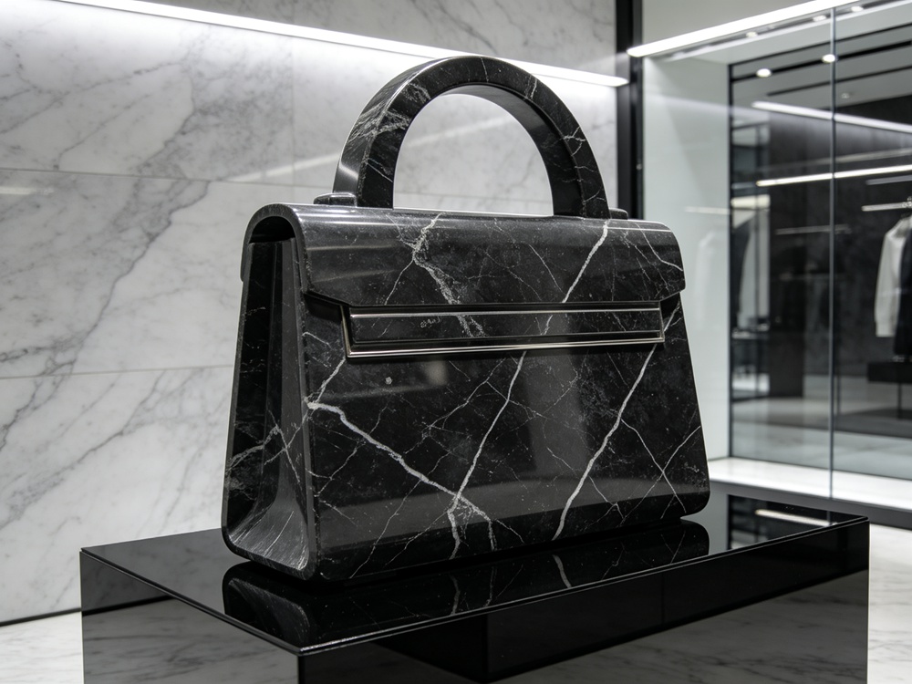 structured black marble handbag sculpture with polished metal accent bar