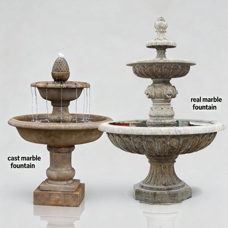cast stone fountain and real marble fountain
